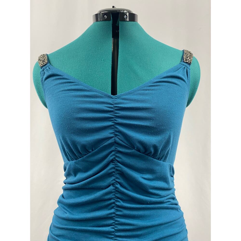 Wet Seal Ruched Bodycon Dress Beaded Shoulder Straps Size Large Color Blue